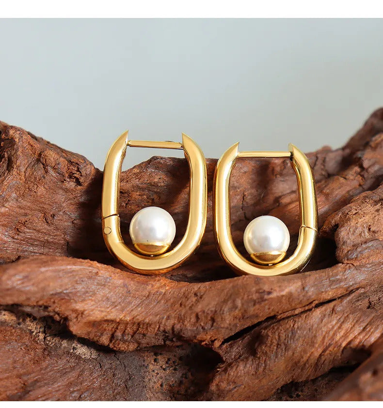 U-Shaped Pearl Hoop Earrings