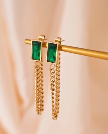 Gold Chain Emerald Stud Earrings